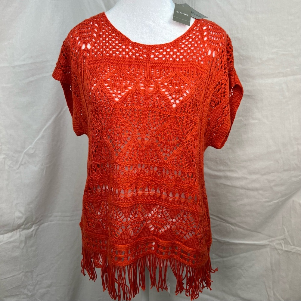 NWT Chico’s Alana Fringe crocheted pullover sweater in Uptown Orange.